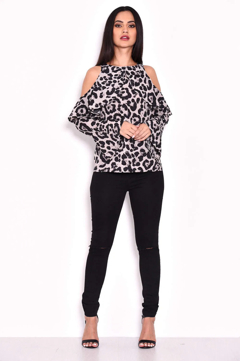 Animal Print Cold Shoulder Frill Detail Top