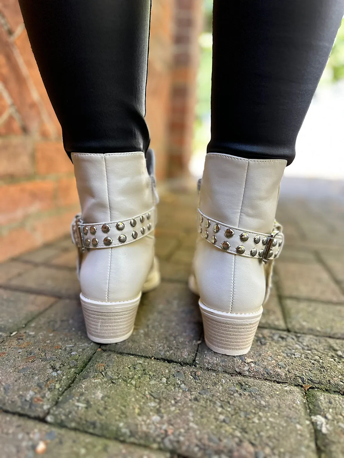 Antique Cream Faux Leather Studded Ankle Boots