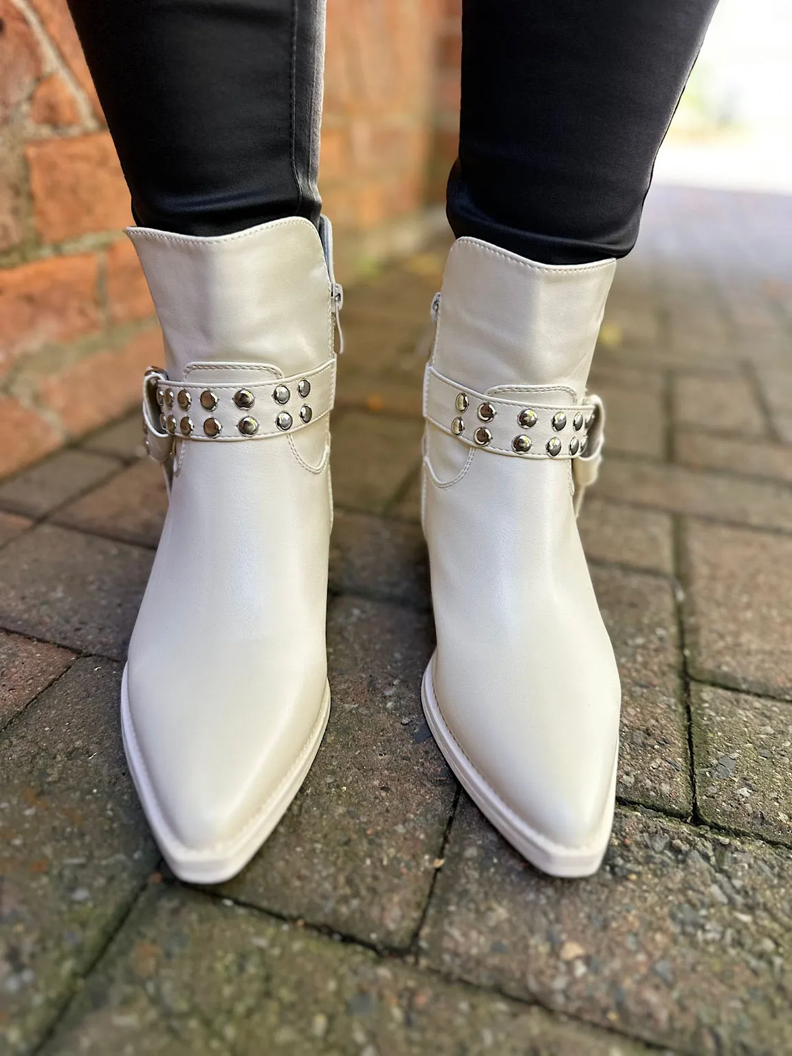 Antique Cream Faux Leather Studded Ankle Boots