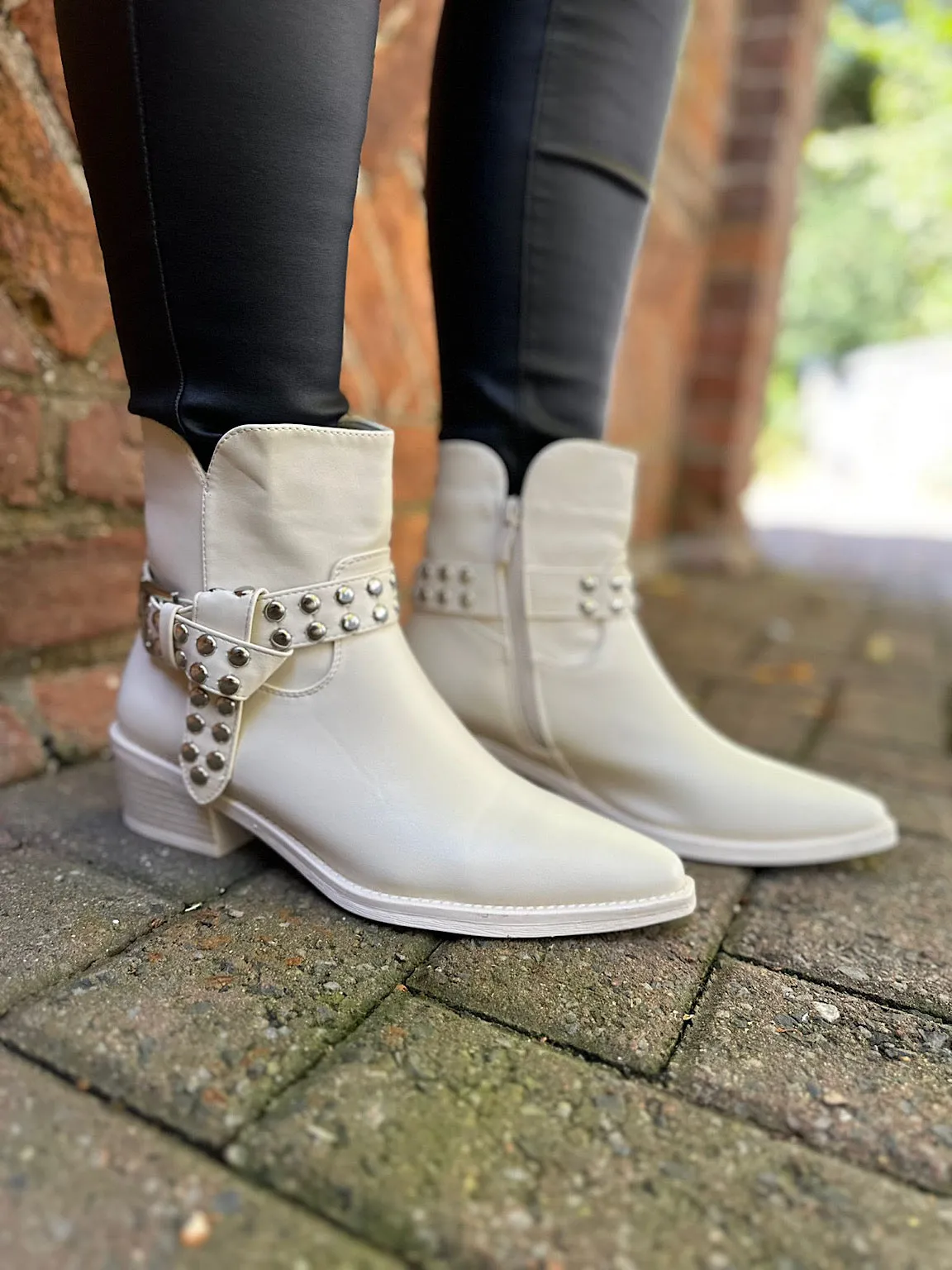 Antique Cream Faux Leather Studded Ankle Boots