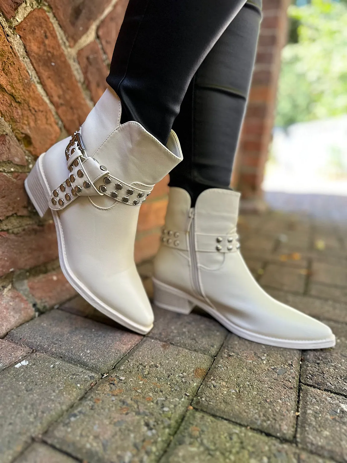 Antique Cream Faux Leather Studded Ankle Boots