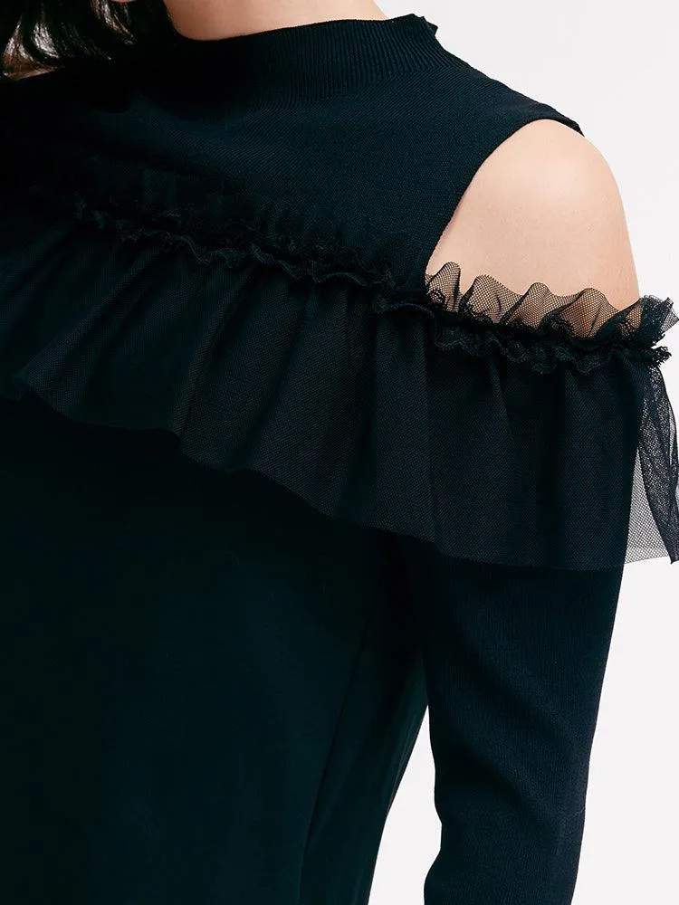 Black Cold Shoulder Ruffle Dress