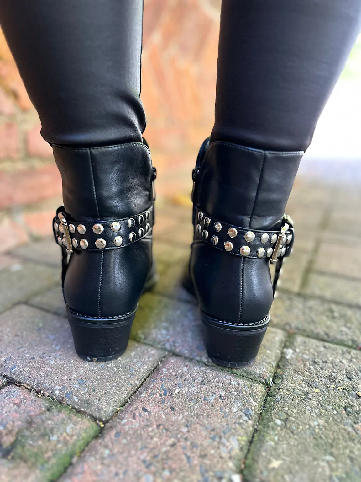 Black Faux Leather Studded Ankle Boots