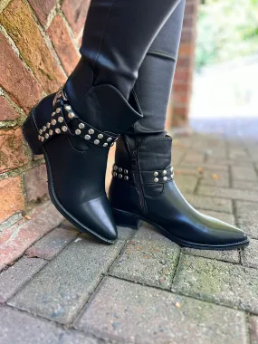 Black Faux Leather Studded Ankle Boots