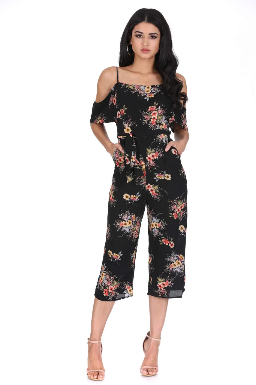 Black Floral Cold Shoulder Jumpsuit