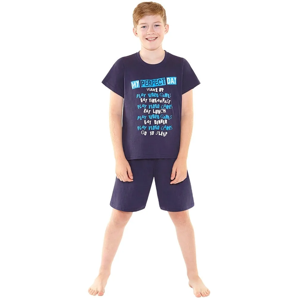 Boys Perfect Day Blue Black Gaming Shortie Pyjamas