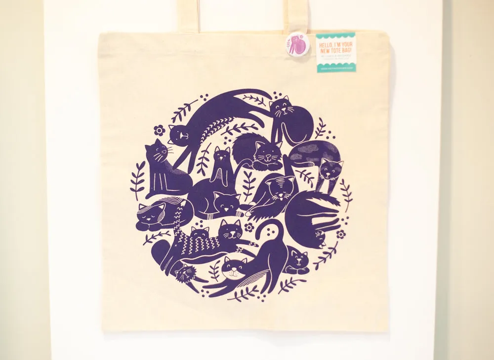 Cats tote bag, cat lover tote bag, tote bag with cats, purple cats tote bag