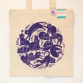 Cats tote bag, cat lover tote bag, tote bag with cats, purple cats tote bag