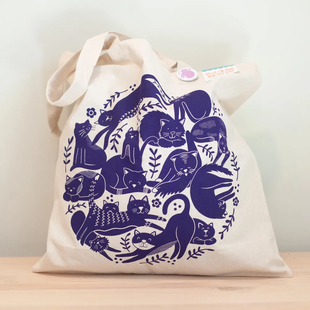 Cats tote bag, cat lover tote bag, tote bag with cats, purple cats tote bag