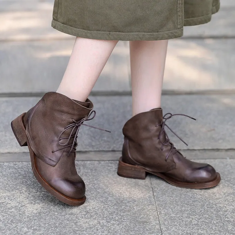 Lace Up Short Boots for Women Handmade Leather Combat Boots in Coffee/Brown