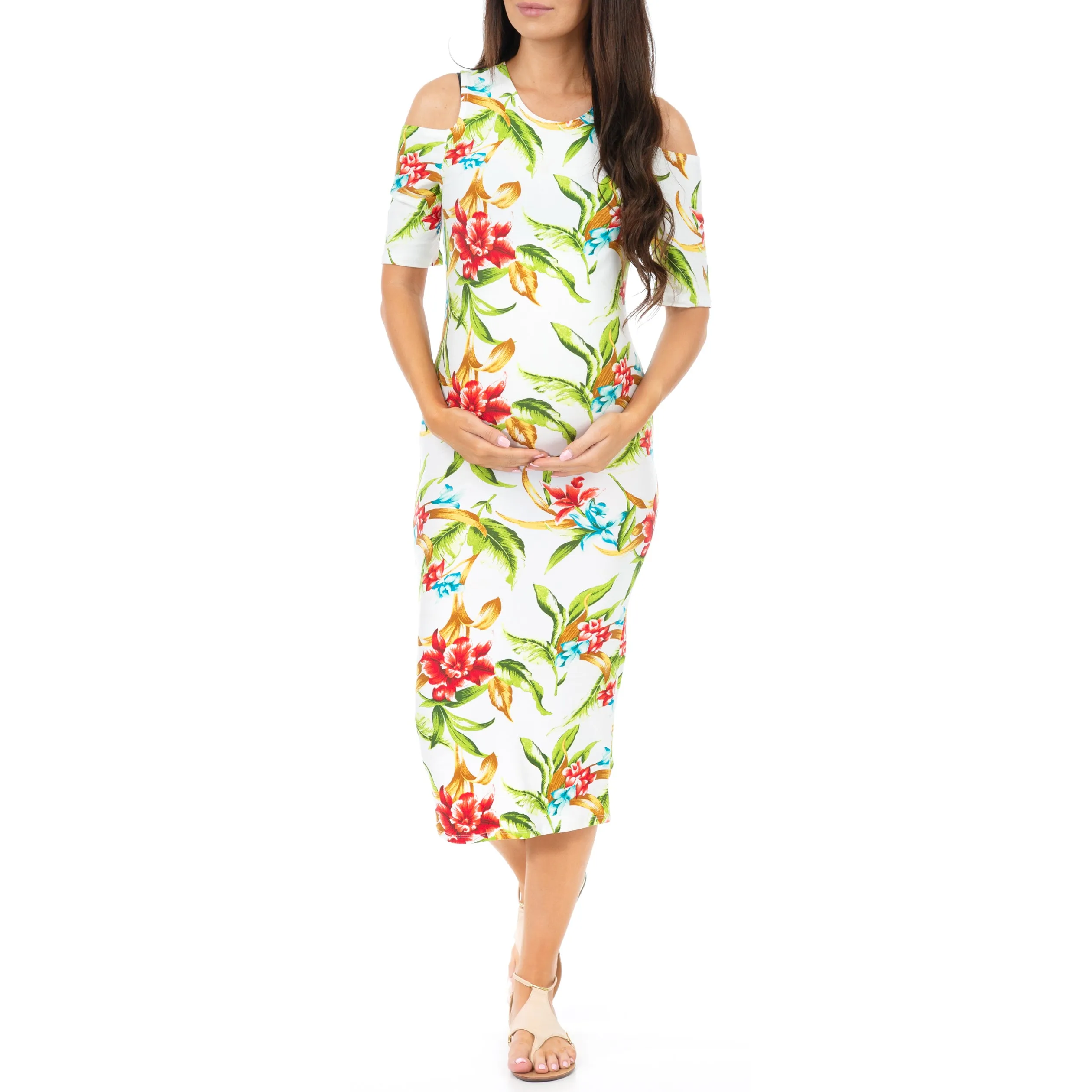 Maternity Cold Shoulder Body-Con Floral Dress