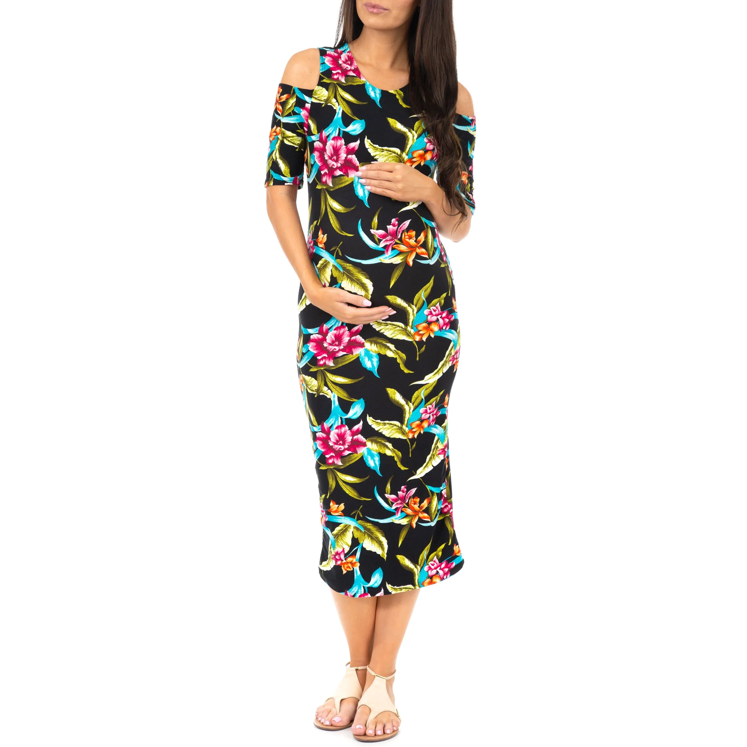 Maternity Cold Shoulder Body-Con Floral Dress