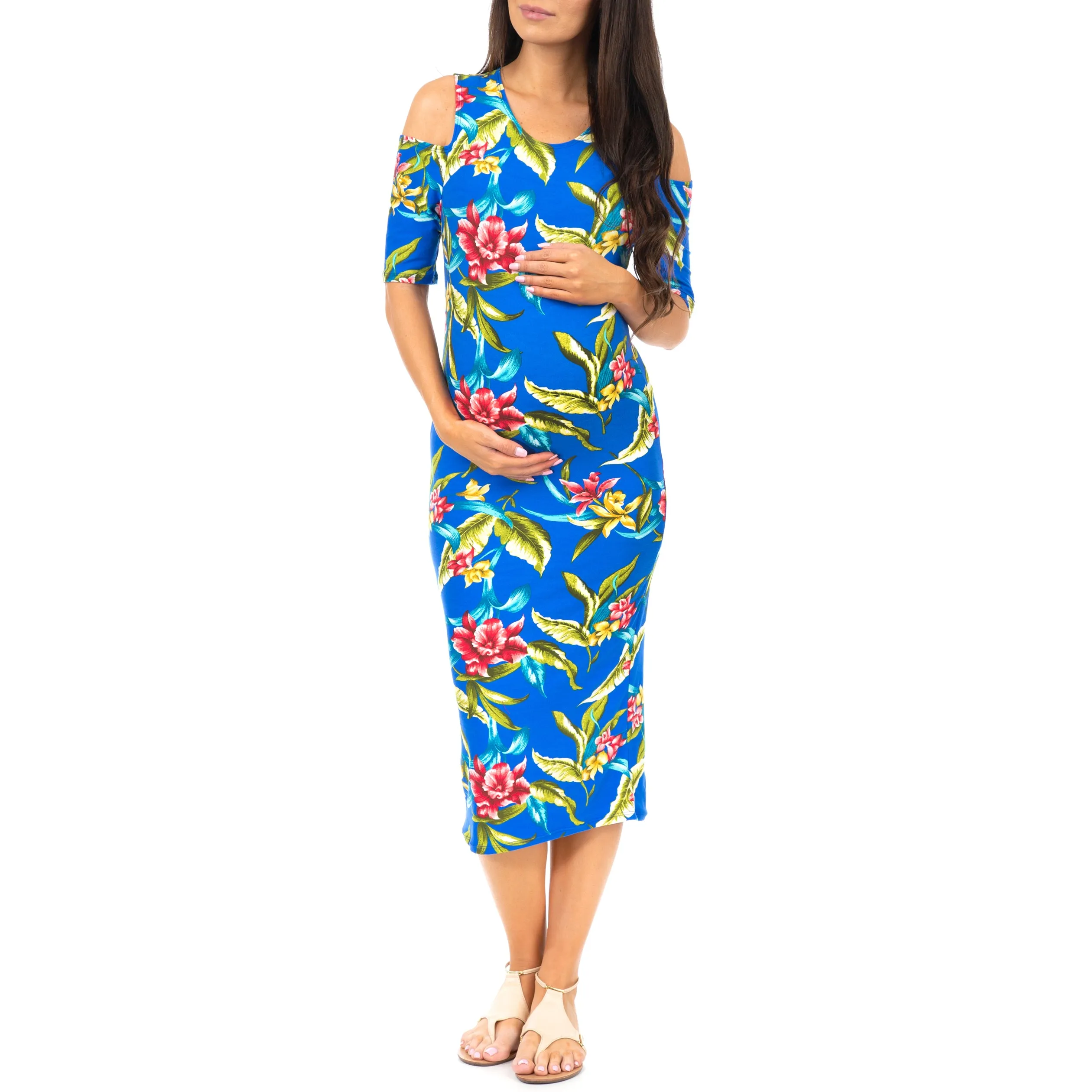 Maternity Cold Shoulder Body-Con Floral Dress