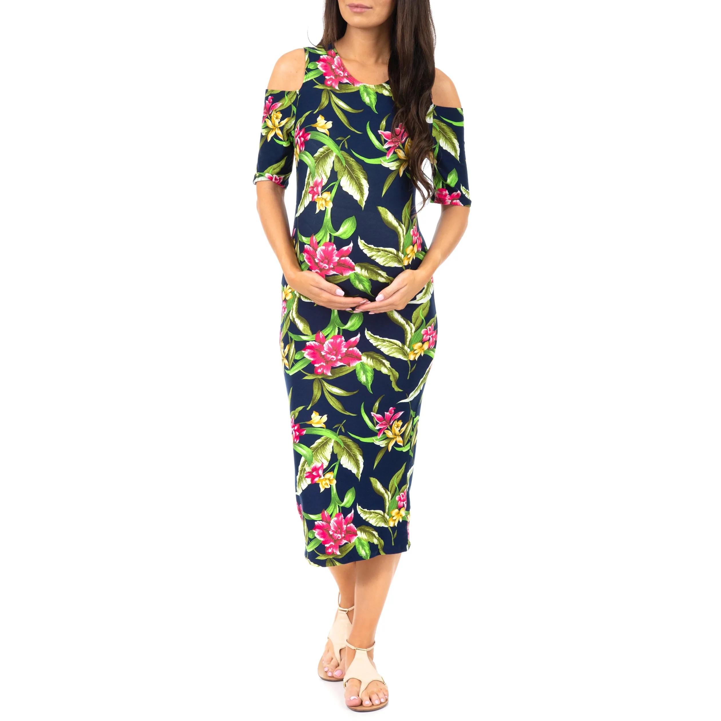 Maternity Cold Shoulder Body-Con Floral Dress