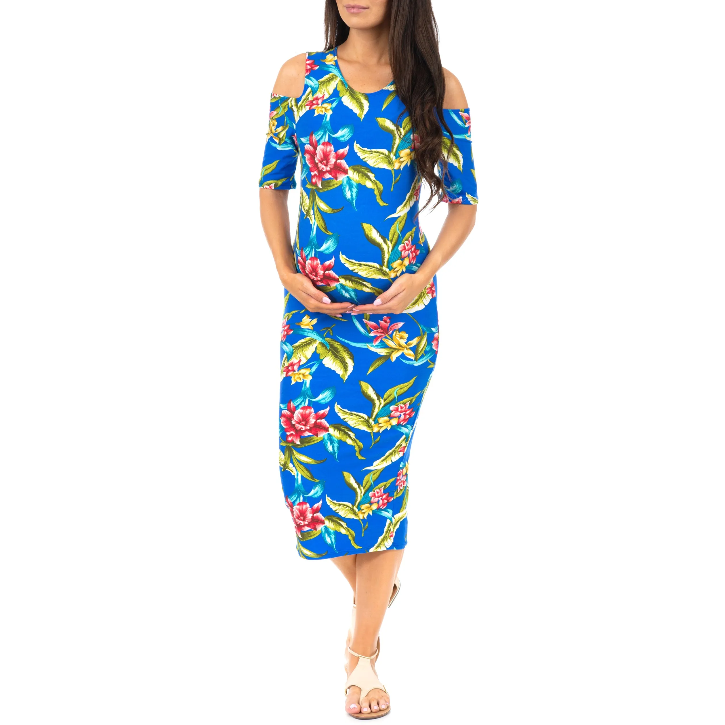 Maternity Cold Shoulder Body-Con Floral Dress