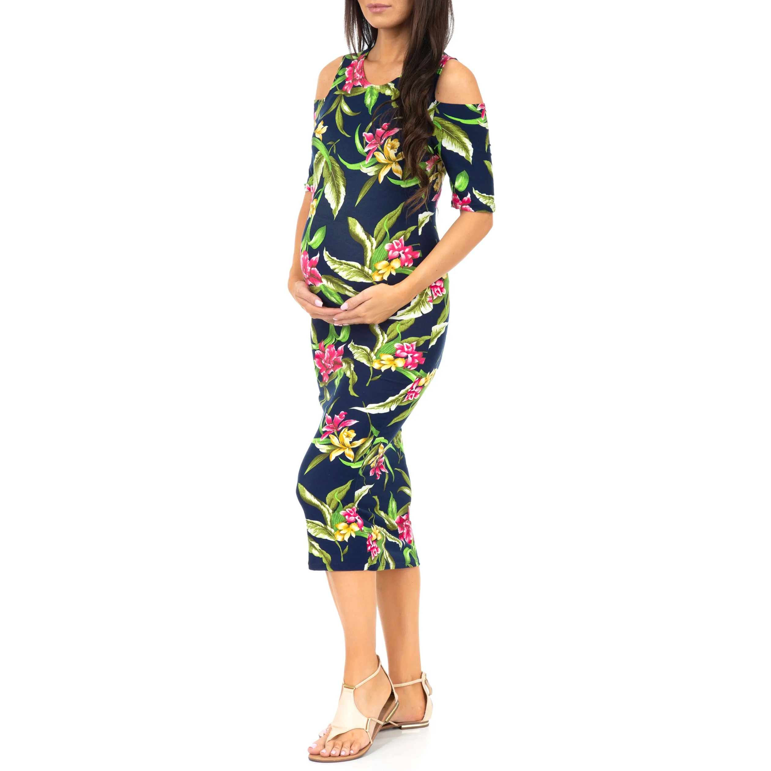 Maternity Cold Shoulder Body-Con Floral Dress