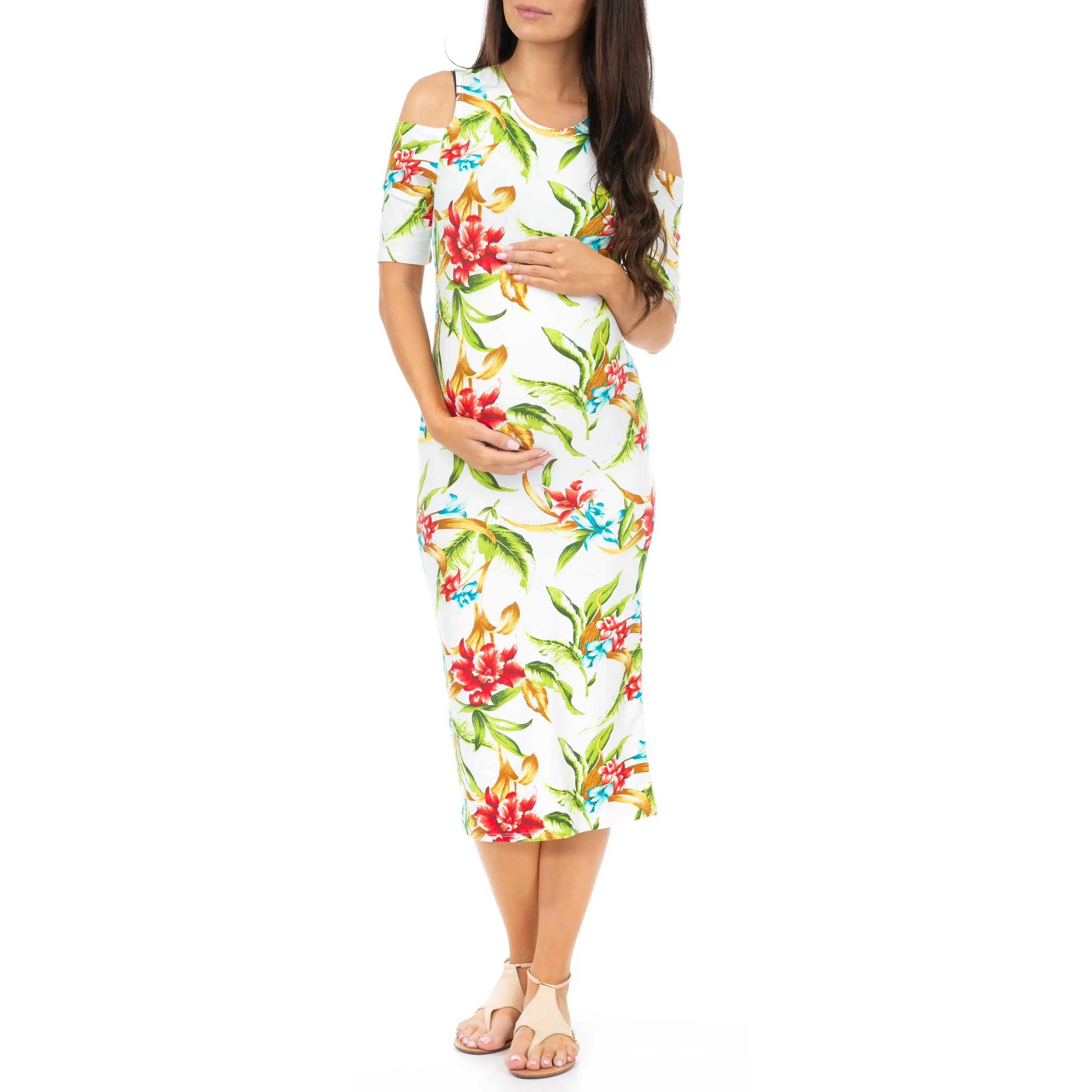 Maternity Cold Shoulder Body-Con Floral Dress