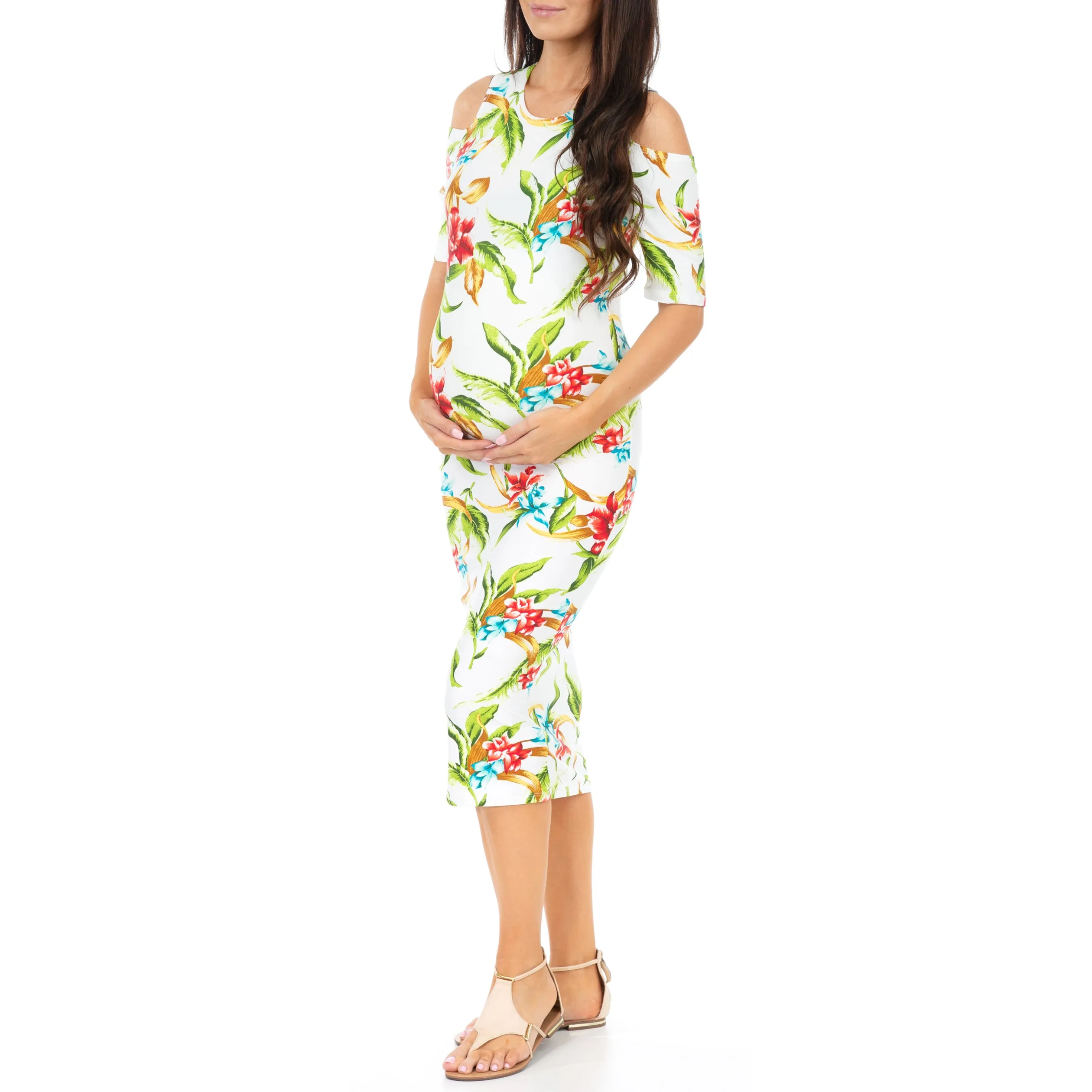 Maternity Cold Shoulder Body-Con Floral Dress