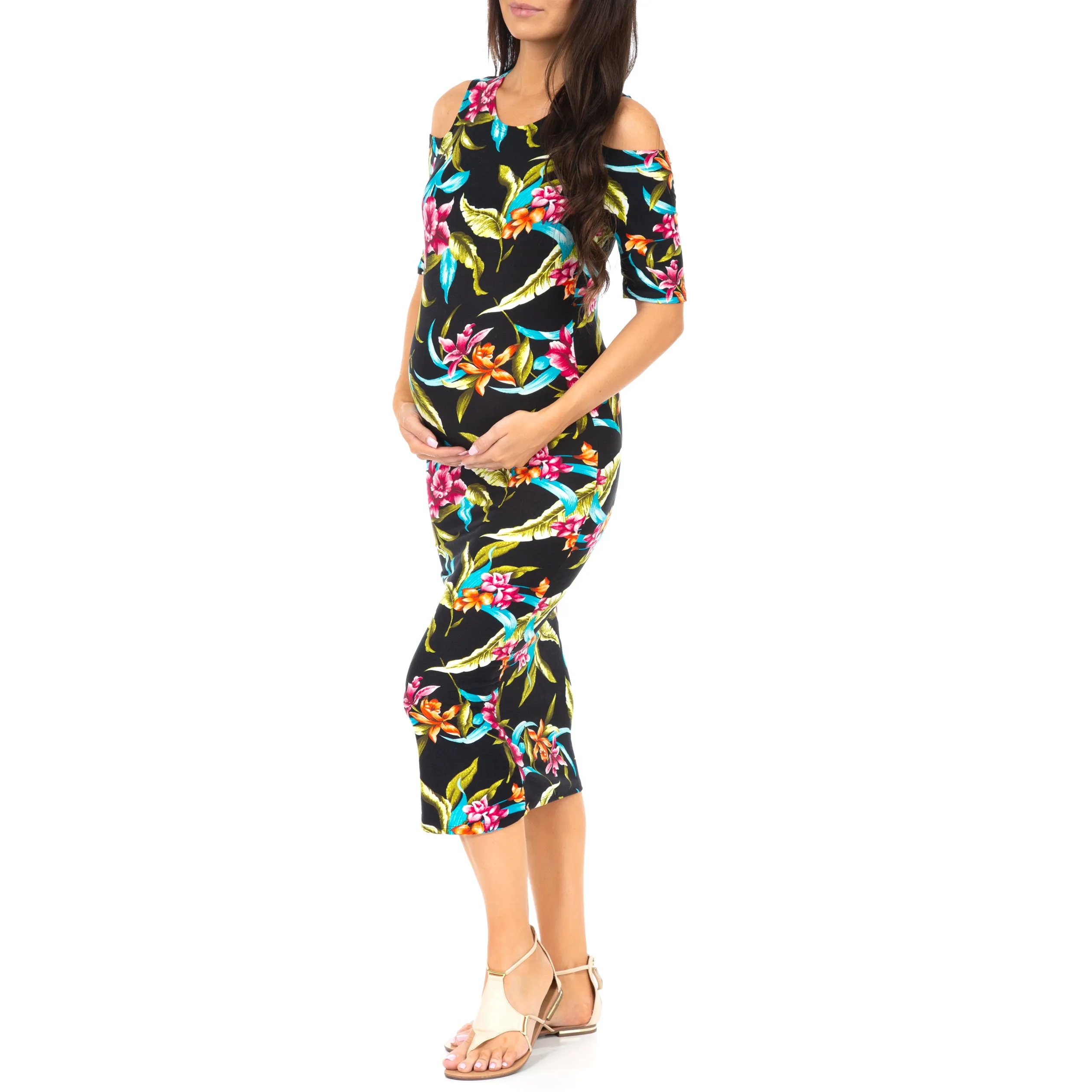 Maternity Cold Shoulder Body-Con Floral Dress