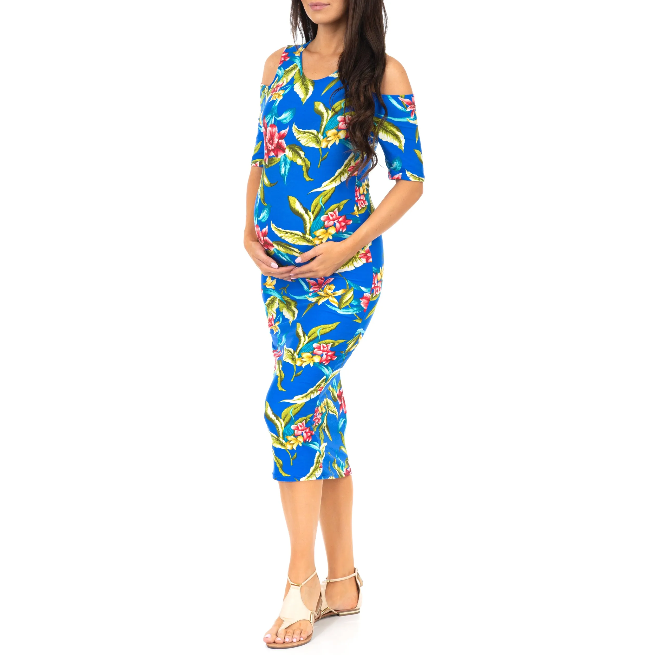 Maternity Cold Shoulder Body-Con Floral Dress