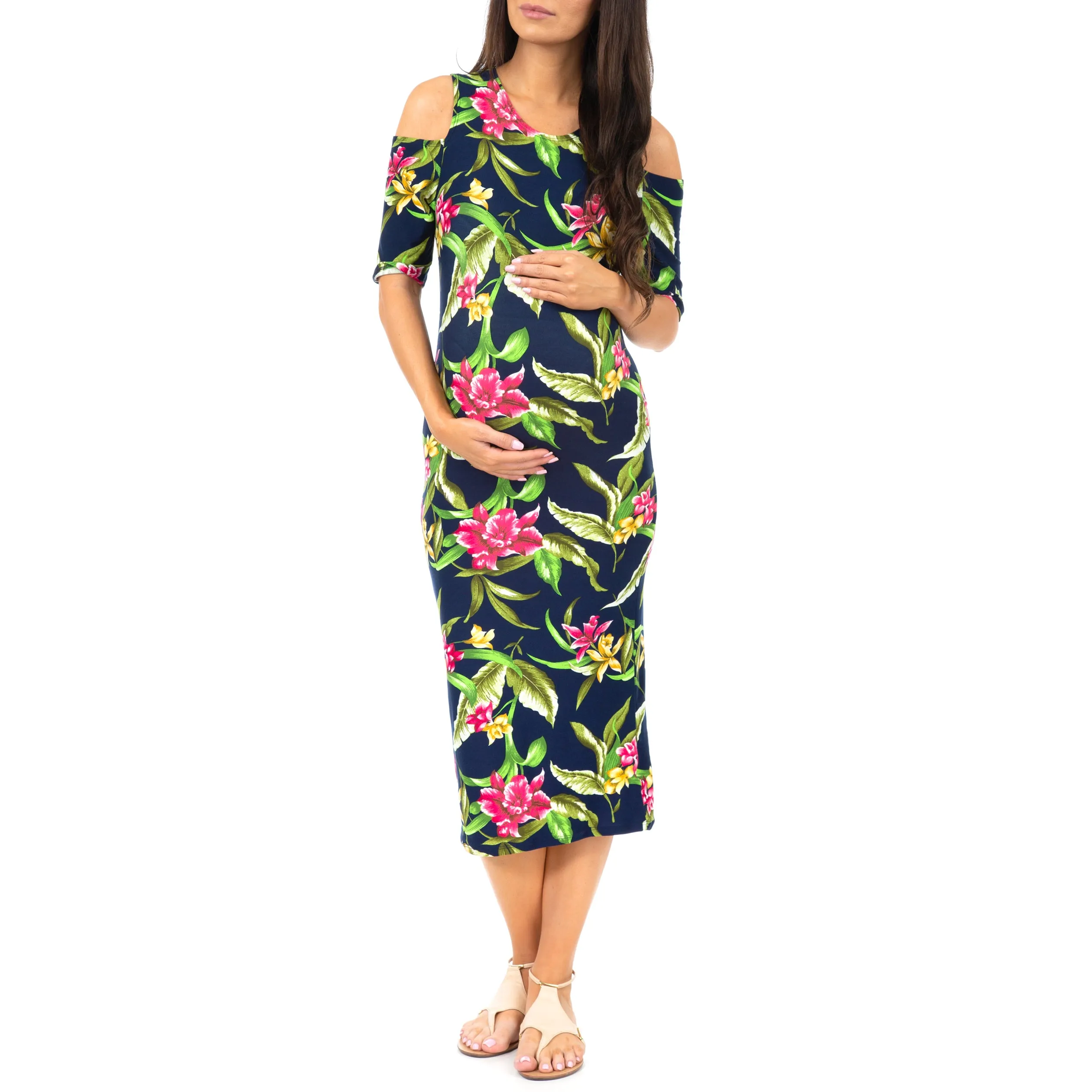 Maternity Cold Shoulder Body-Con Floral Dress