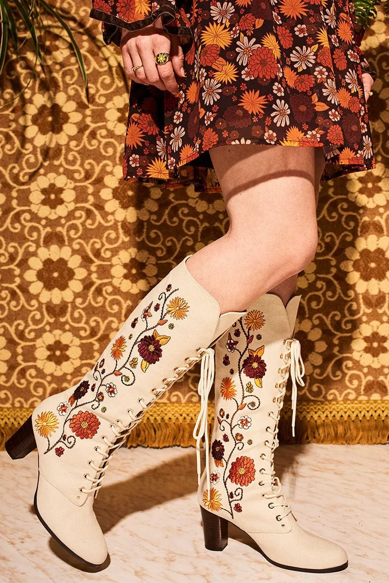 Penny Lane Cream Floral Embroidered Boots