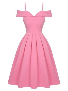 Pink 1950s Cold Shoulder Solid Dress