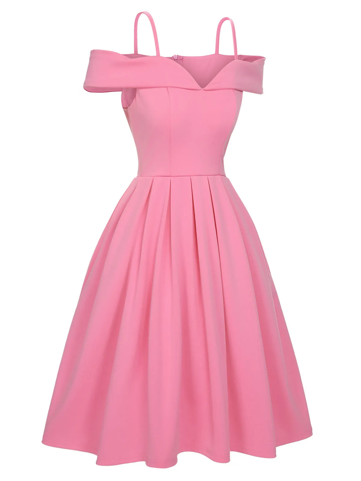 Pink 1950s Cold Shoulder Solid Dress