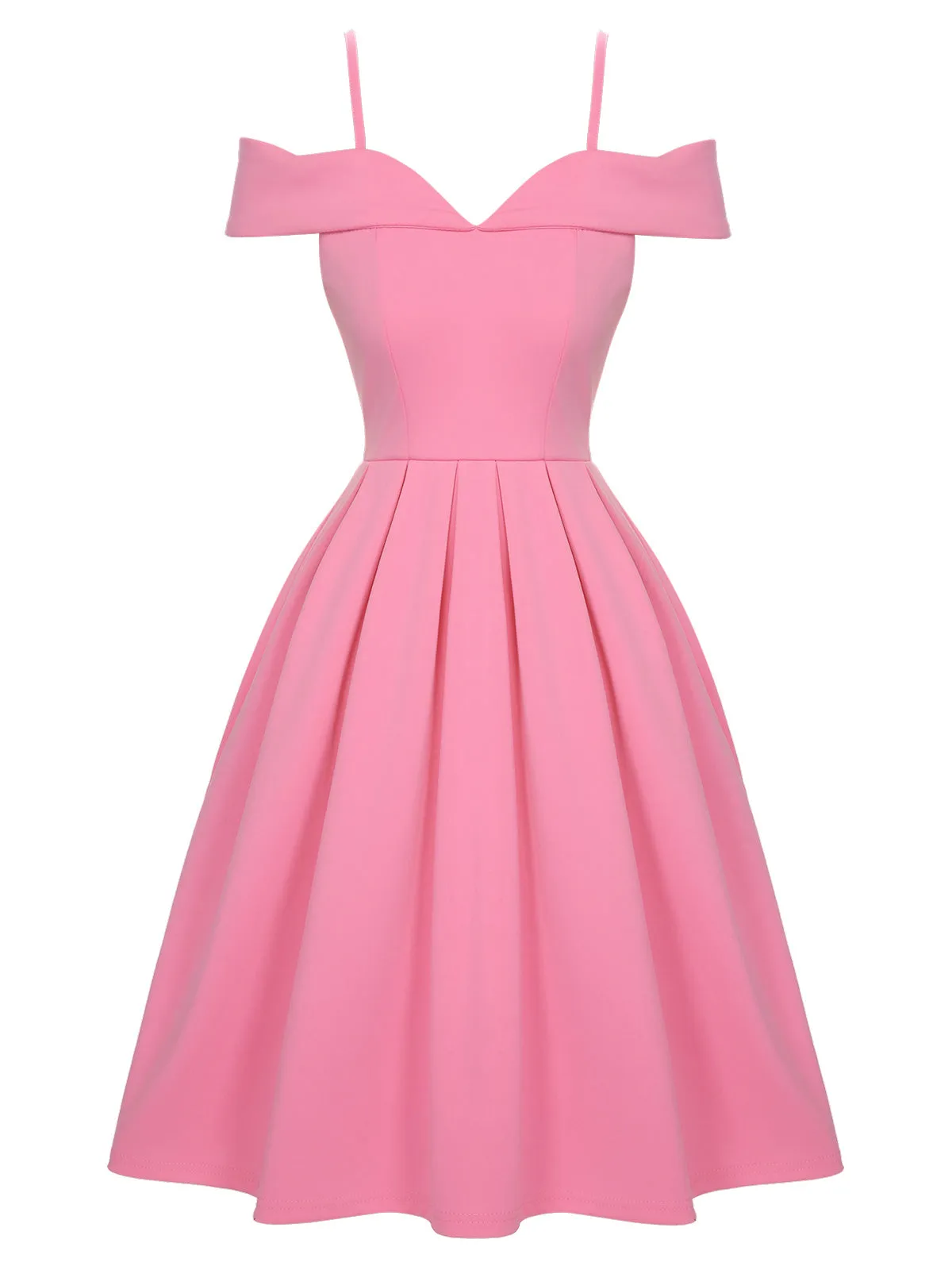 Pink 1950s Cold Shoulder Solid Dress